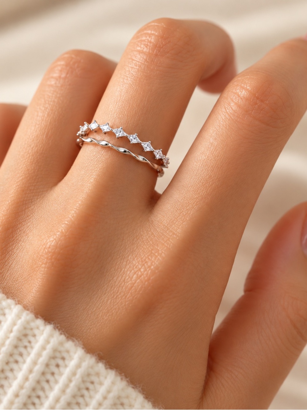 Sterling Silver Double-Layer Wave Ring – Adjustable